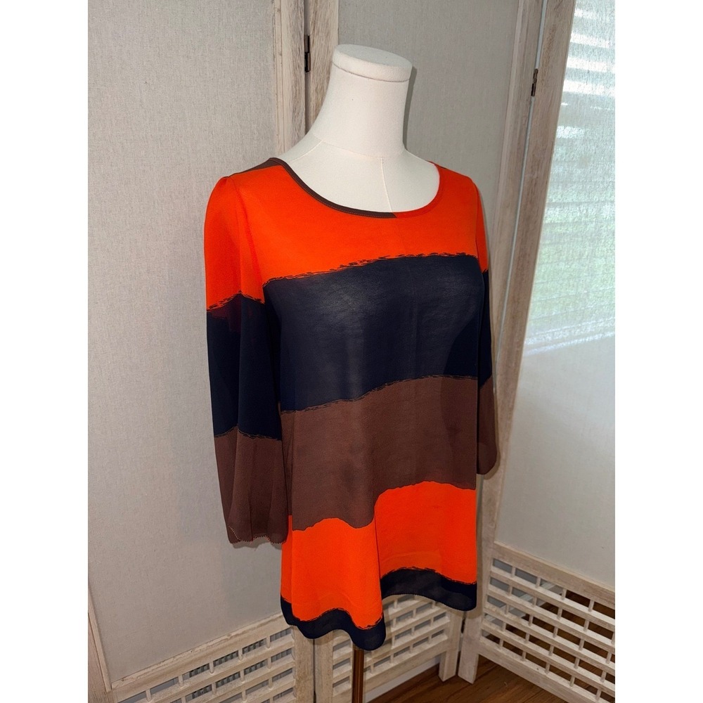 Umgee Striped Tunic Top Blouse 3/4 Sleeve Orange Brown Navy - Size Medium - Picture 3 of 7
